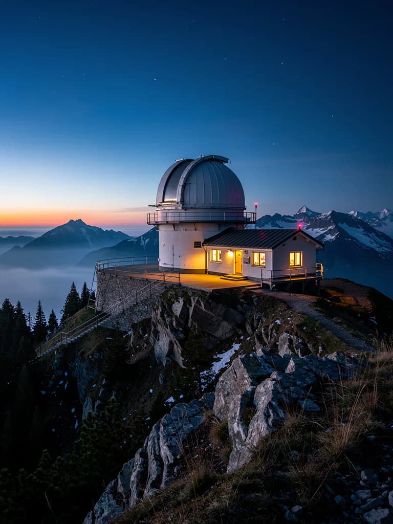 Quiet mountain observatory at blue hour, warm interior lights