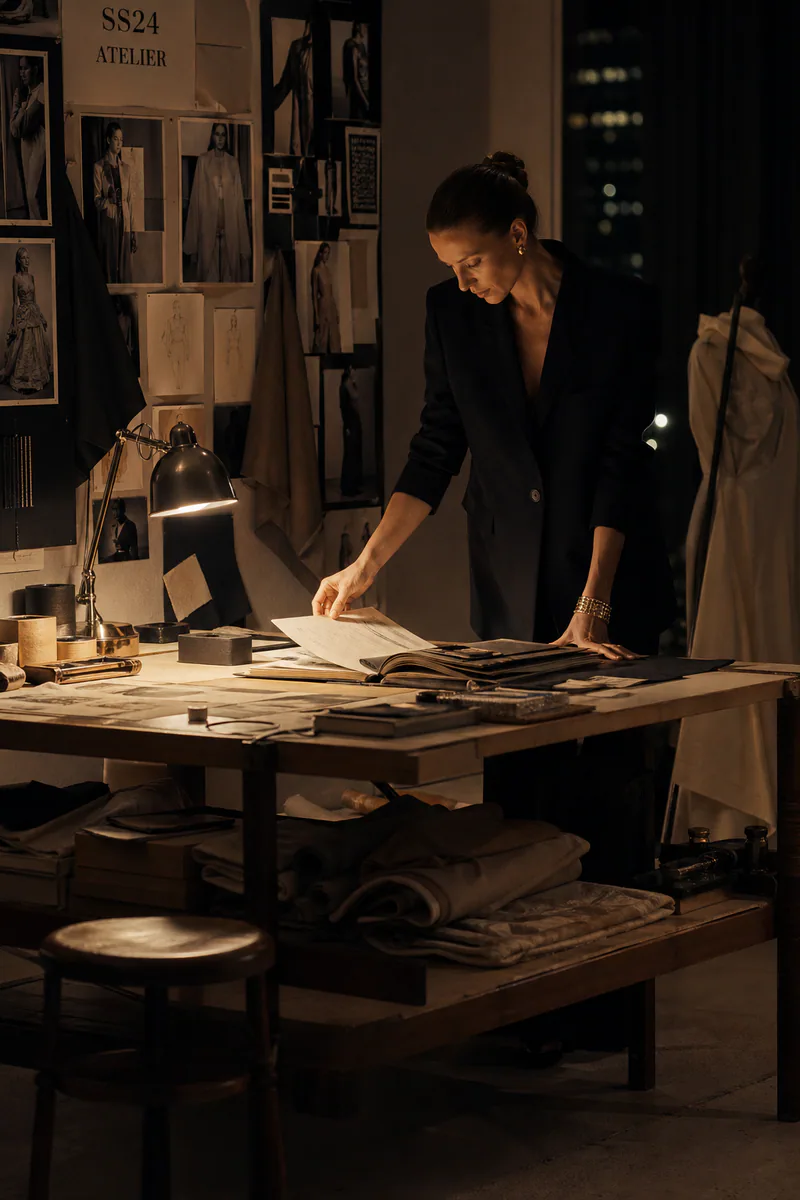 Editorial night atelier, warm tungsten light, premium magazine art direction