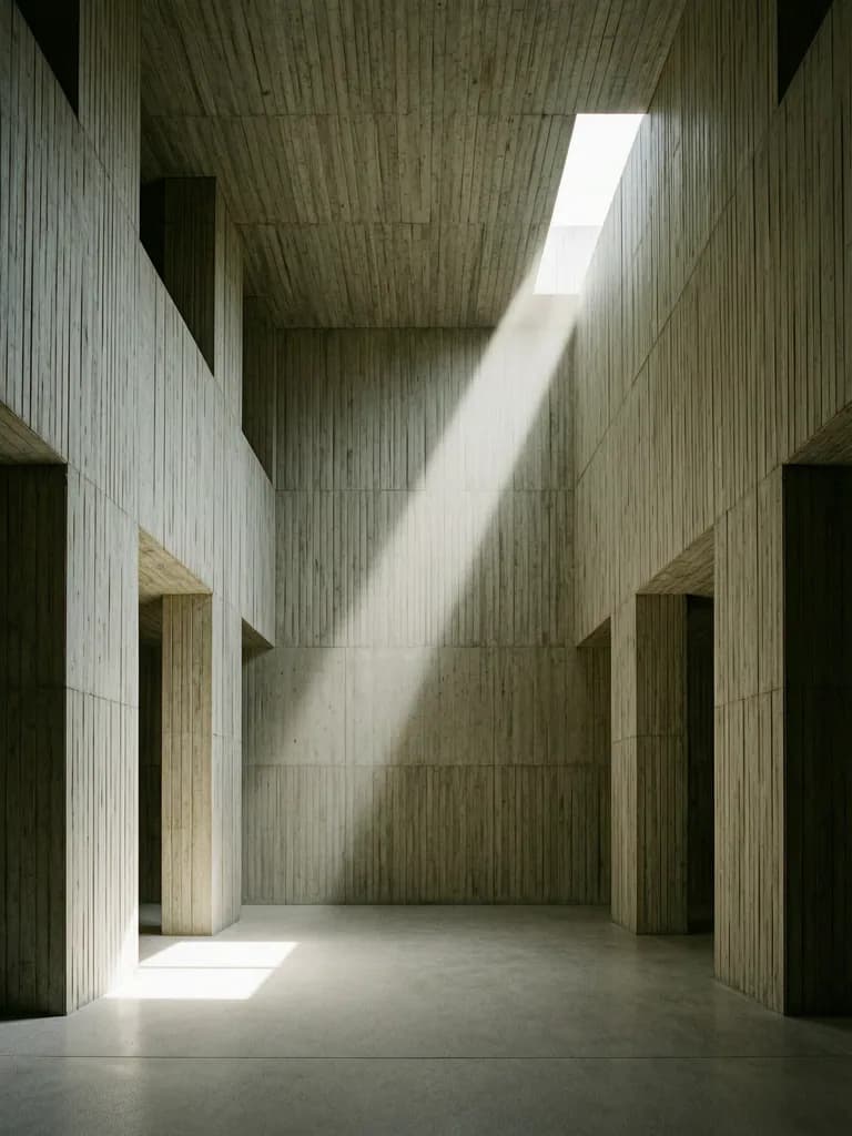 Monolithic interior architecture, quiet atmosphere, single shaft of light